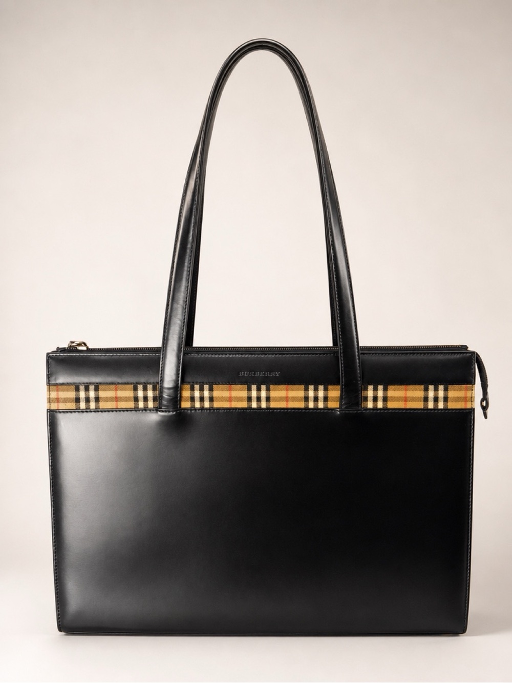 Vintage Burberry Nova Check Leather Tote Bag Black